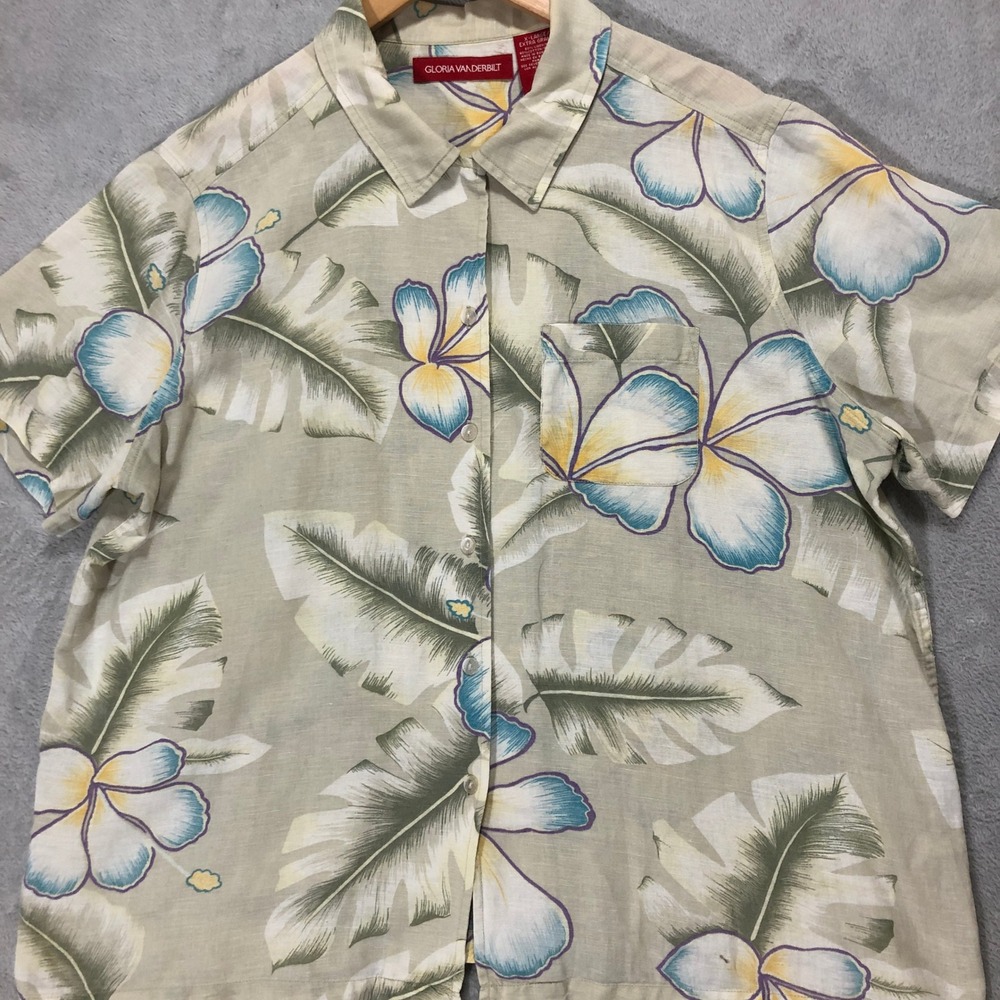 Gloria Vanderbilt Floral Button Up‎ Short Sleeve Shirt Top Blouse XL